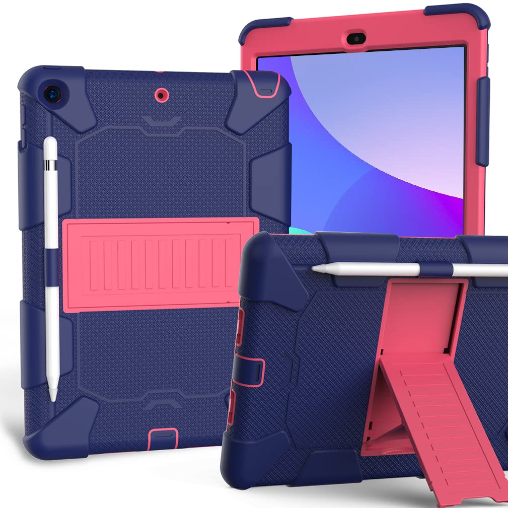 Case for iPad 10.2 Inch 9th/8th/7th gen 2021/2020/2019 with Three-in-one design, shockproof Robust case with pencil holder and stand- Navy Blue+Rose