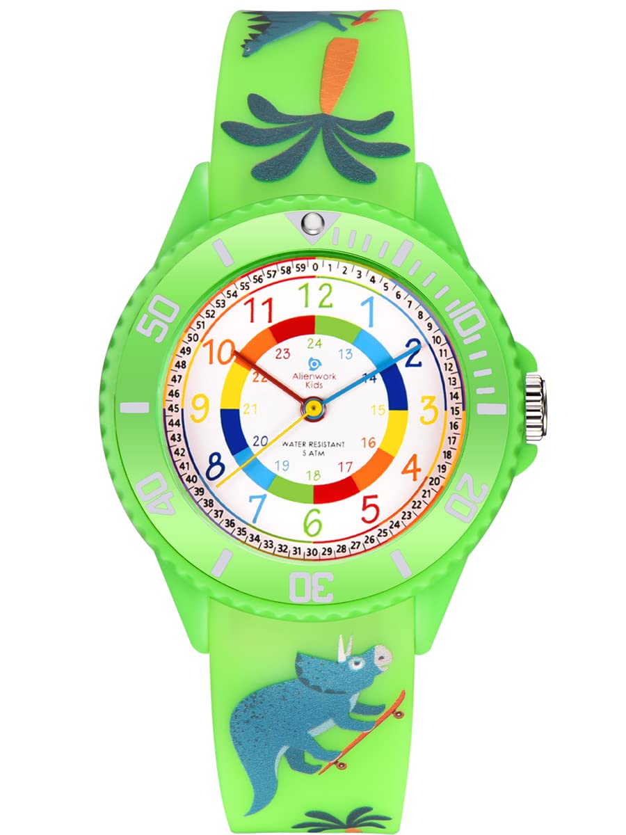 Alienwork Kids Dino T-Rex Children's Teacher Watch Boys Girls Green Silicone Strap Multi-Coloured Children's Kid Waterproof 5 ATM Learning Time