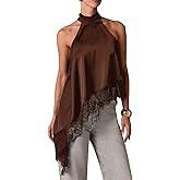 Women Satin Halter Top Y2K Mock Neck Lace Trim Asymmetrical Hem Tank Top Sleeveless Going Out Crop Tops