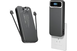 AONIDI 12000mAh Lightweight-Portable-Charger-Power-Bank with Built-in Cables and AC Wall Plug, PD20W USB-C Fast Charging Battery Pack, LED Display External Travel Phone Charger for All iPhone,Samsung,Android