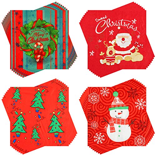 ANPHSIN 80pcs Christmas Cocktail Napkins- 2 Ply Red Paper Holiday Napkins with Xmas Tree Snowman Santa Wreath Design for Christmas Party Dinner Supplies Unfolded 13 × 13 inches Folded 6.5 × 6.5 inches