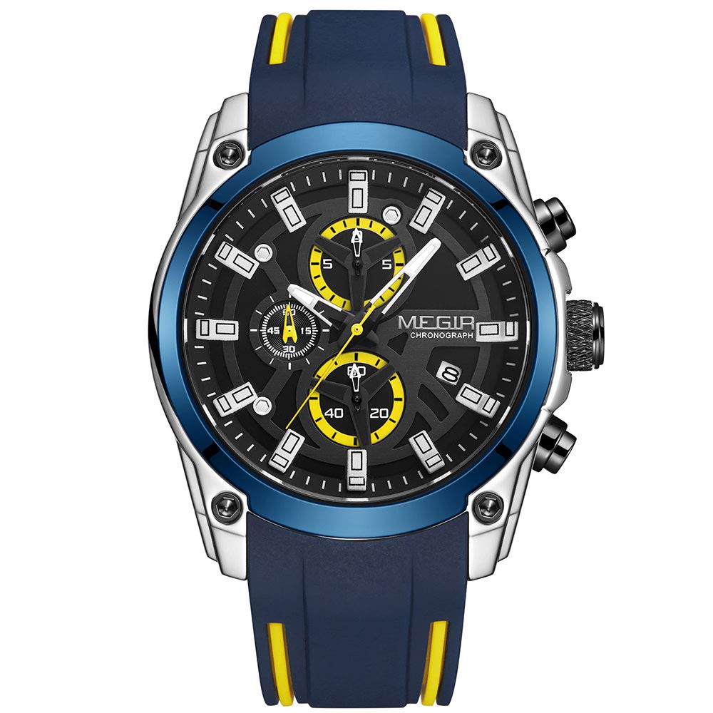 MEGIR Fashion Silicone Strap Watch for Men Military Sport Chronograph Quartz Watch Man Waterproof Luminous Hands Wristwatch with Auto Date, MN2144G Blue, Quartz Watch,Chronograph — image 1