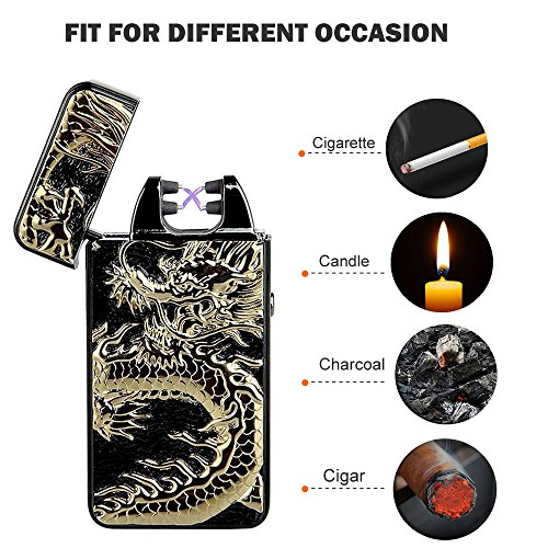 Pard Relief Dragon Windproof Cross Arc Lighter, USB Rechargeable Flameless Electronic Pulse Arc Cigarette Lighter, Black