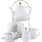 Jusalpha Porcelain Tea Set- 8 OZ White Coffee Cup/Teacup, Saucer, Spoons, Teapot and Creamer set, 17-Pieces (FD-TW17PC SET, White)
