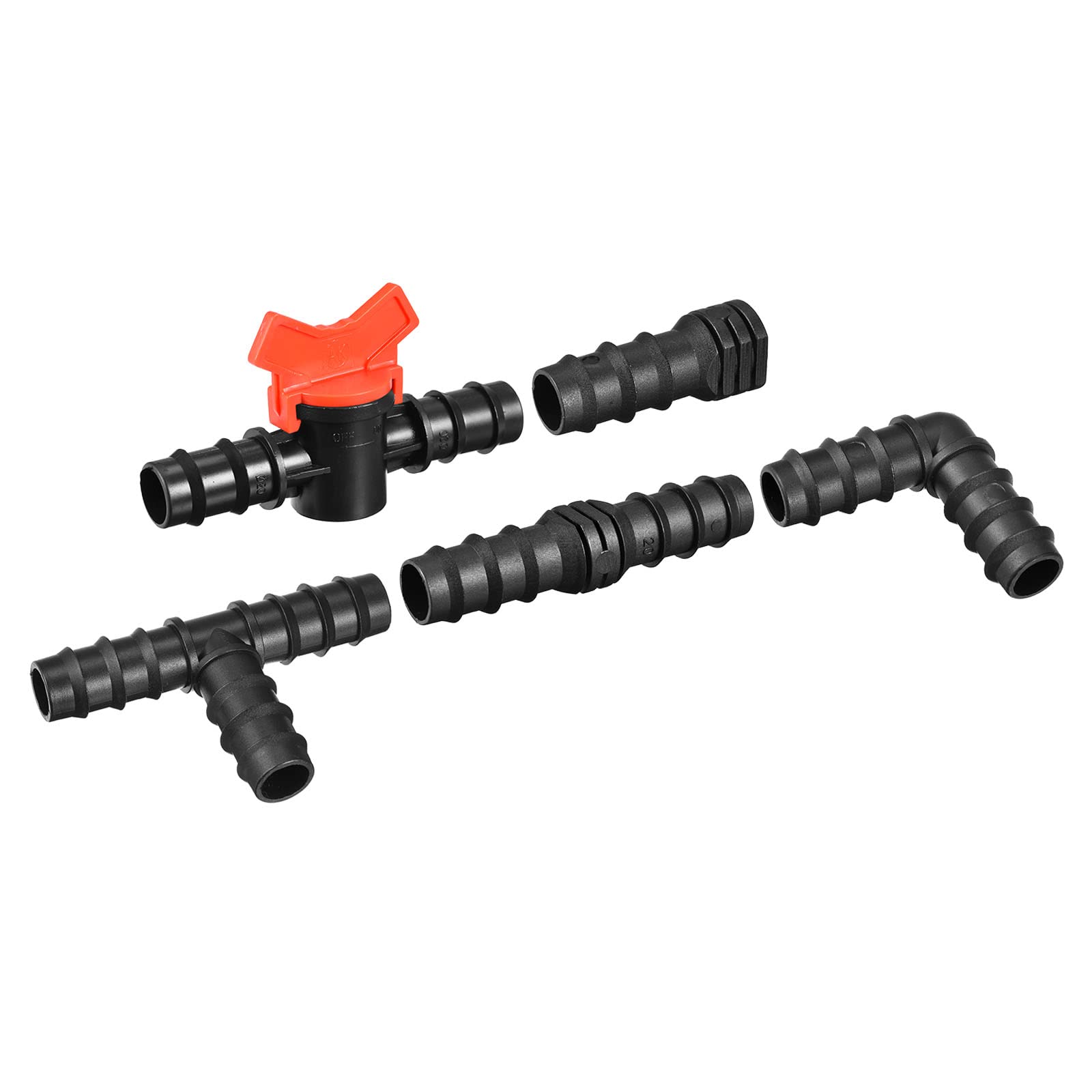 M METERXITY 37 Pack Barb Hose Fittings - 15.5mm Barbed Irrigation Fittings Kits, Black(9 Straight Barbs 9 Tee Barbs 9 Elbows 9 Stoppers 1 Valve)