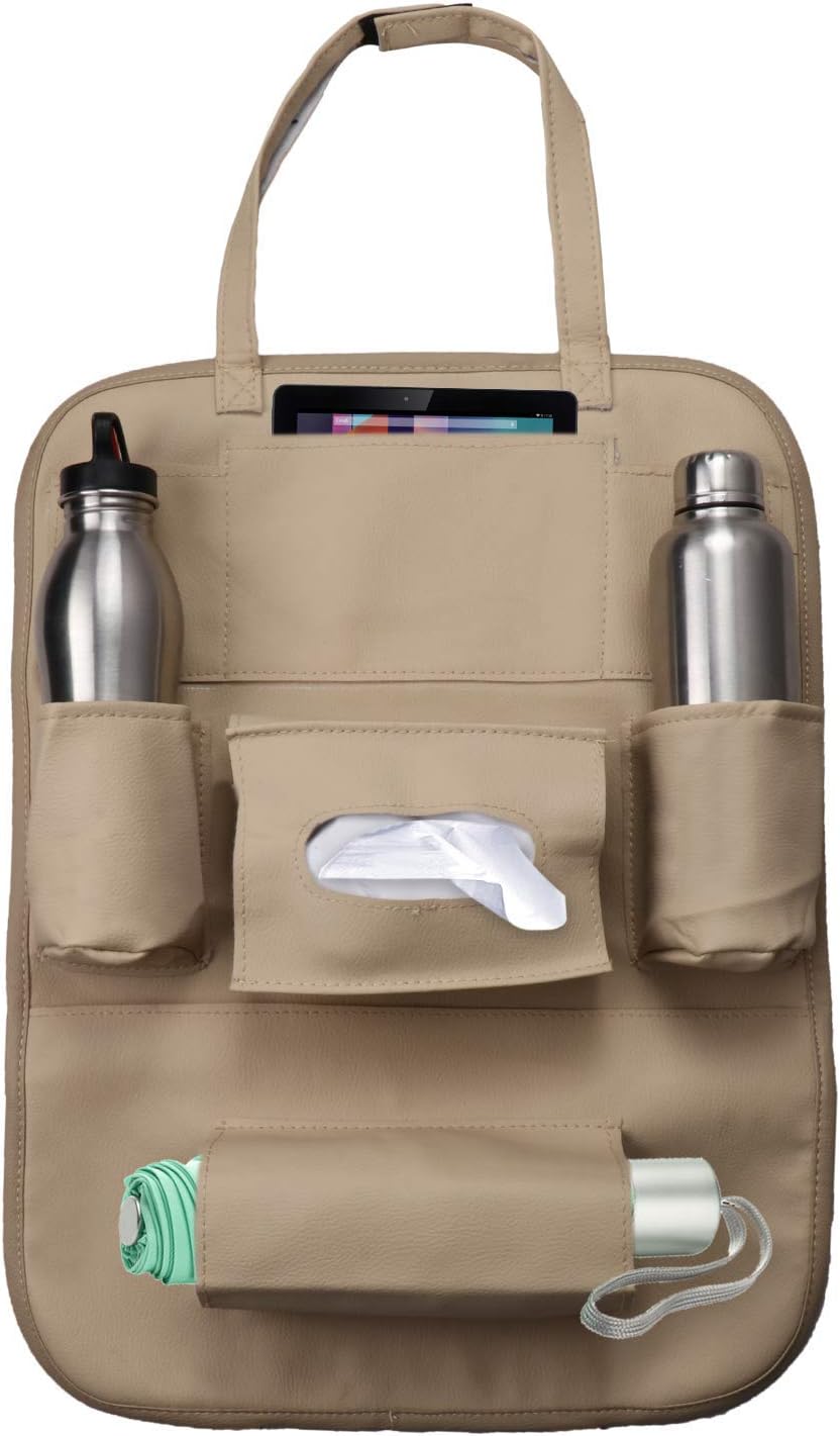 Motopack MMPOC1P PU Leather Car Auto Seat Back Multi Pocket Organizer with iPad Mini Holder Hanger Universal Use as Car (Beige)
