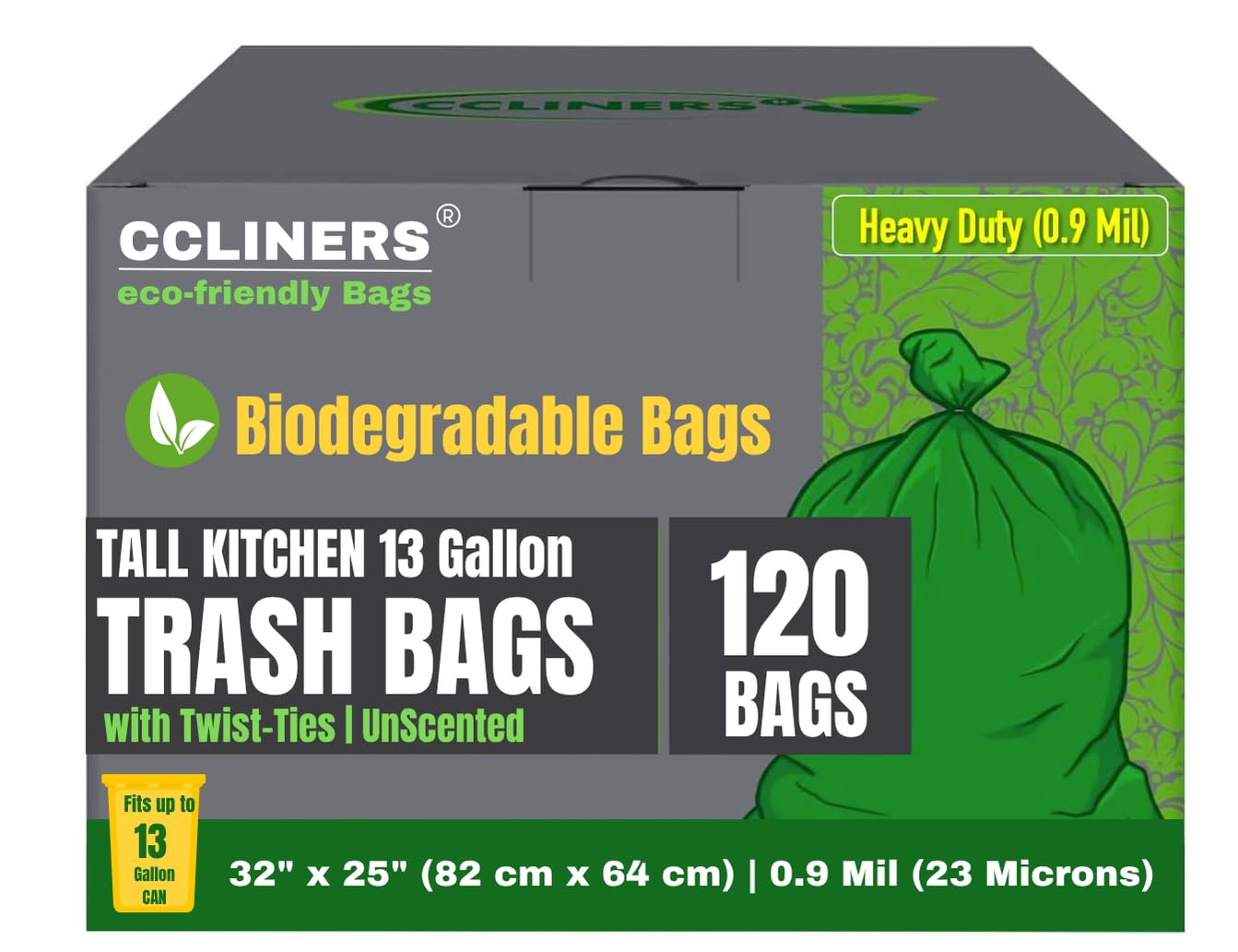 Photo 1 of Tall Kitchen Biodegradable Trash Bags 13 Gallon (120 Bags) Eco-friendly Medium Green Garbage Bag 55 Liter Landfill-Friendly Can Liners Portable Camping Toilet Bags Made With epi (120 count)