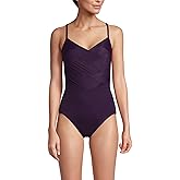 Lands' End Women's Slender Suit V-Neck Pleated X-Back One Piece Swimsuit Adjustable Straps