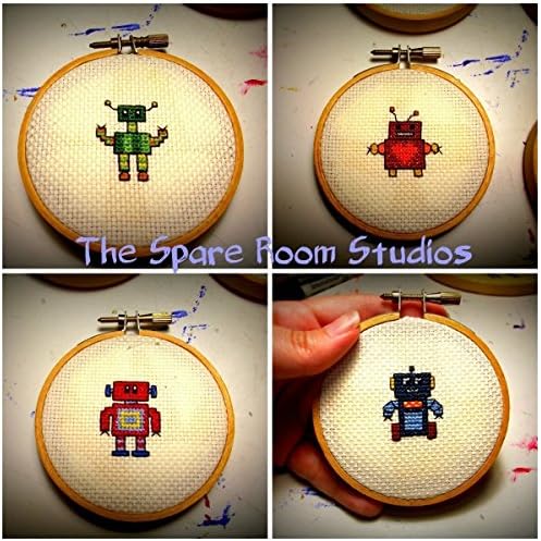 Complete Cross Stitch Four Little Robots Red, Green, Pink, and Blue - Children Room Decor Nursery Decor Art **Free Shipping in the US** Ready to Ship