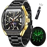 OLEVS Watches Men Chronograph Waterproof Rectangle Face Moon Phase Stainless Steel Strap Dress Watches for Men Luminous Quartz Calendar Mens Wrist Watch