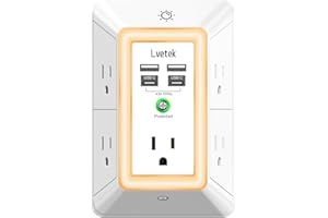 Multi Plug Outlet Surge Protector - Lvetek 3-Sided Power Strip with 5 Outlet Extender and 4 USB Ports(2 USB-C) and Night Light, USB Wall Charger for Home, Office, Travel, ETL Listed, White