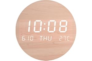 Digital Wall Clock with LED Display for Time Date Temperature and Silent Alarm, Wooden MDF with Cotton Linen Finish for Bedro