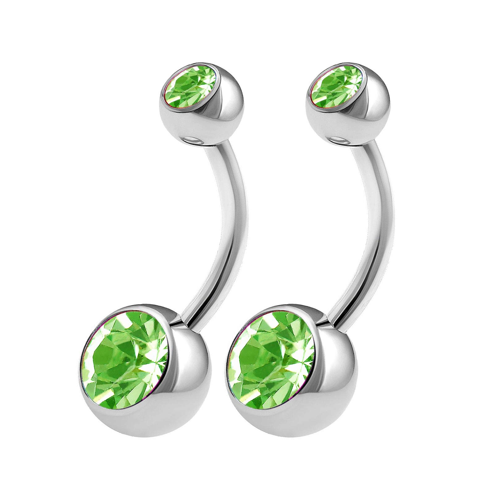 KJM FASHION 2PCS Surgical Steel Long Belly Button Rings 14g 3/8 10mm Peridot Crystal Balls Non Dangle Navel Bar Piercing Jewellery 0558