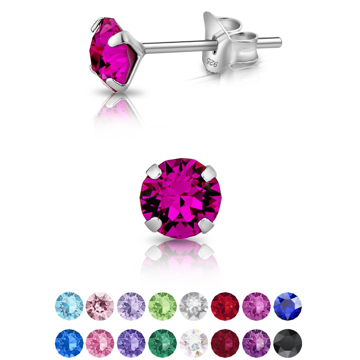 925 Sterling Silver Round SMALL Stud Earrings made with Glittering Crystals - Silver Studs Earrings for Woman - Diameter: 5 mm - Colour : Fuchsia