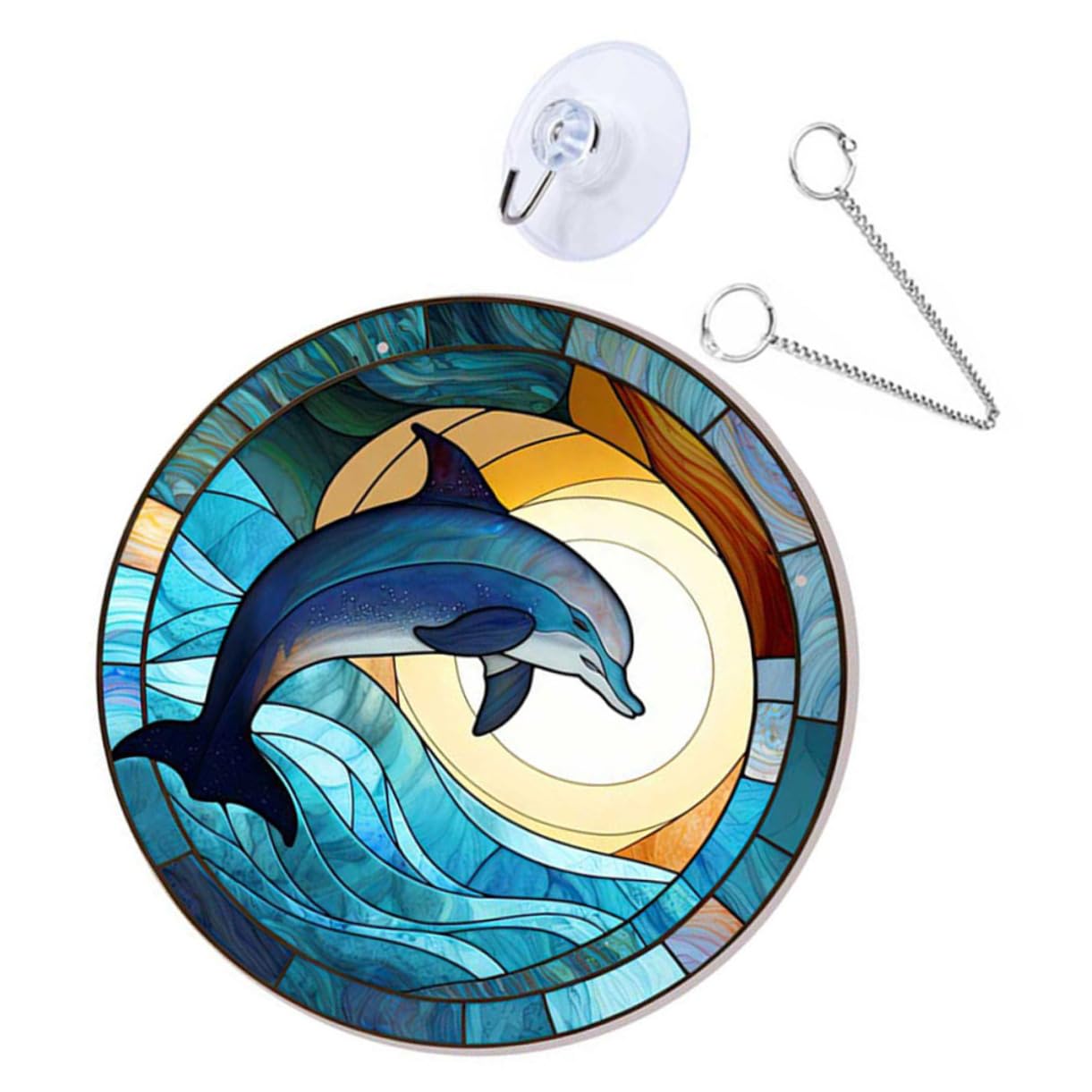 Garneck Dolphin Jumping Moon Stained Glass Suncatcher - Hand Painted Round Acrylic Wall Art Decoration for Cute Window Sil - Home Porch Door Office and Bedroom