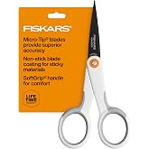 Fiskars 5" Non-Stick Micro-Tip Scissors for Sticky Materials, No. 5, White | Non-Stick Coated Stainless Steel Blades to Cut Tape, Glue, Vinyl &amp; Stickers, SoftGrip Handle, Ambidextrous Double-Loop Handle
