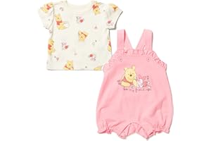 Disney Minnie Mouse Winnie the Pooh Baby Girls French Terry Short Overalls and T-Shirt Newborn to Infant