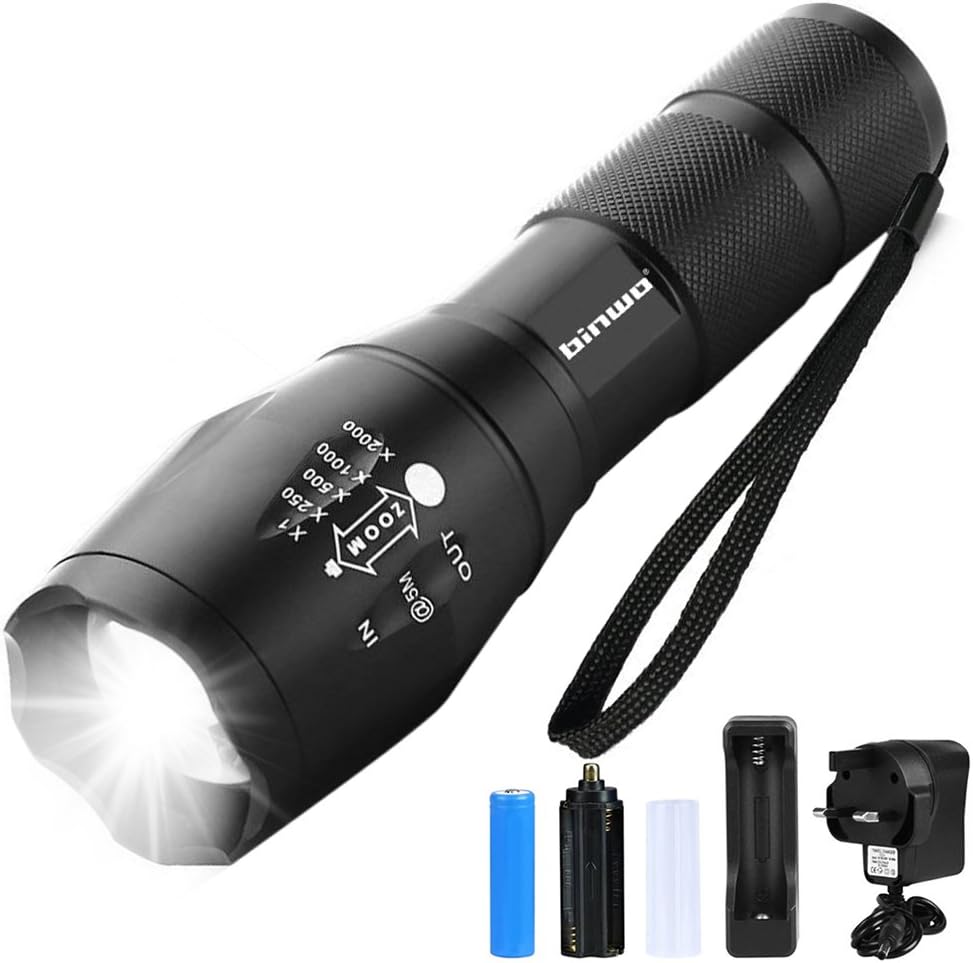 LED Torch, Binwo Super Bright 2000 Lumen Rechargeable Torch, CREE T6 Tactical Flashlight with 5 Modes, Zoomable Waterproof Flashlight Torch for Hiking, Camping and Outdoor Activities