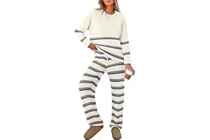 Caracilia Women's 2 Piece Outfits Sweater Sets Striped Oversized Sweaters Knit Wide Leg Pant Lounge Set 2024 Fall Outfits