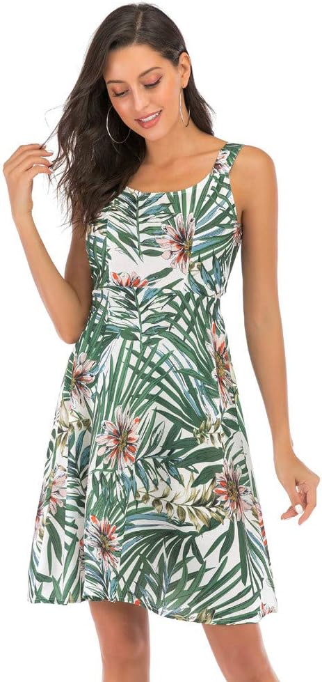 Summer Dress Fashion Casual Ladies Summer High Waist Sleeveless Backless Print Dress Green for Women