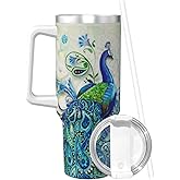 PTONUIC Peacocks and flowers 40 oz Tumbler with Handle and Straw Lid | Insulated Cup Reusable Stainless Steel Water Bottle Travel Mug Cupholder Friendly | Gifts for Women Men Him Her