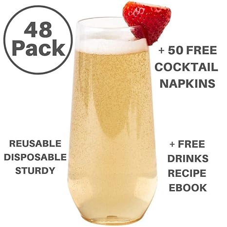 48 Pack Stemless Clear Plastic 9oz Champagne Flutes Disposable Reusable Unbreakable Plus 50 White Napkins Ebook On Cocktail Recipes For Party 48 Pack Stemless Clear Plastic 9oz Champagne Flutes Disposable Reusable Unbreakable Plus 50 White Napkins Ebook On Cocktail Recipes For Party