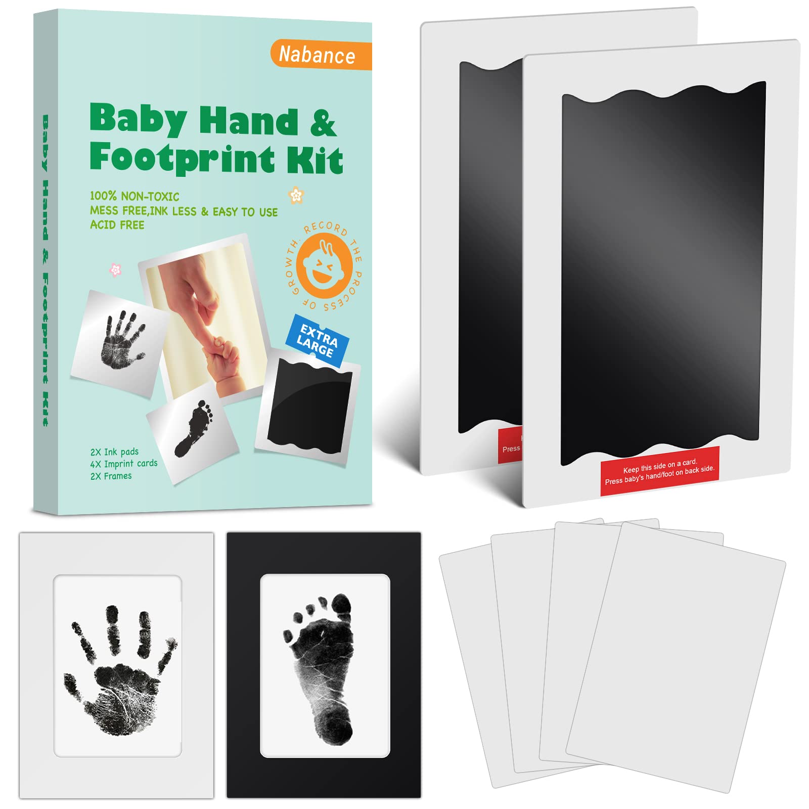 Baby Hand and Footprints, 8 Pcs Large Size Inkless Baby Handprint and Footprint Kit with Photo Frames, Clean Touch Ink Pads, Safe Doesn’t Touch Skin Print Kit Family Keepsake Gifts for Newborn