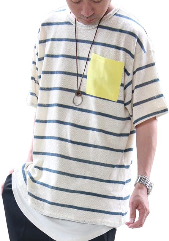 Amazon Woodwhichflows カラーポケットボーダーサマーニット メンズ ブルーグリーン フリー Tシャツ カットソー 通販