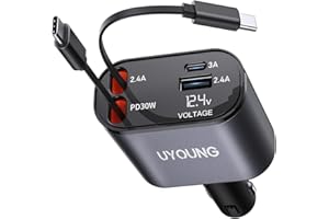 Car Phone Charger Retractable Car Charger 4 in 1 Fast Charger 30W Double USB Type C Retractable Cables 31.5 Inch and 2 USB Po
