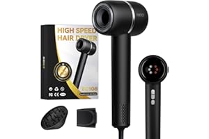 HRYCF Ionic Hair Dryer Fast Drying, Thermo-Control Professional Blow Dryer, Low Noise, Lightweight, Magnetic Diffuser and Concentrator for Curly & Straight Hair, 160000 RPM High-Speed Brushless Motor, Black