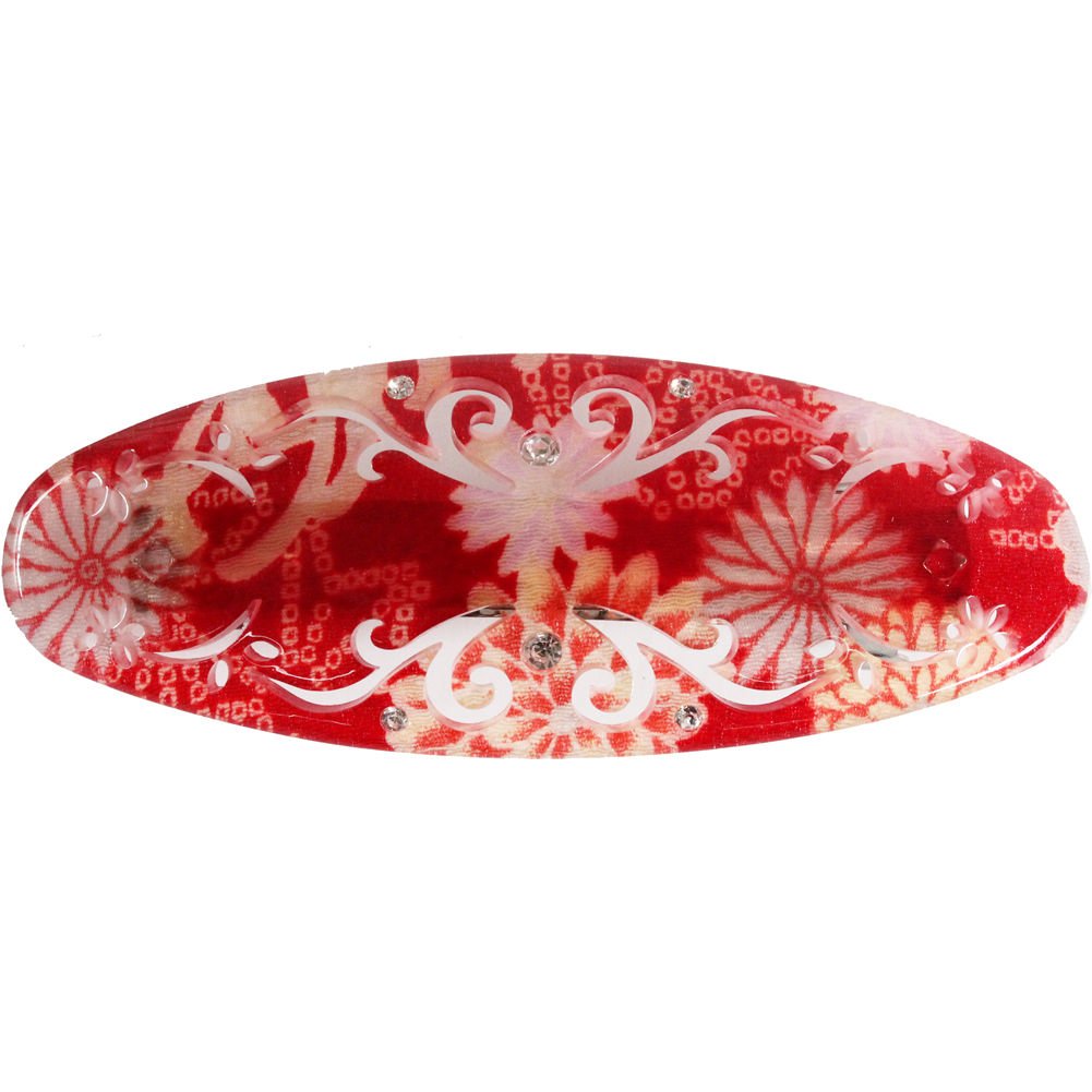 Japanese Oval Chirimen Barette Hair Clip/Clasp with Rhinestones (Red)