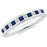 Angara Natural Blue Sapphire Ring for Women | Channel Square Sapphire and Diamond Half Eternity Ring in 14K Solid Gold/Platinum | September Birthday, Anniversary, Gemstone Jewellery Gift