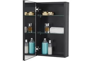 Fundin Medicine Cabinet 14 x 24 inches Mirror Size, Recessed or Surface Mount, Black Aluminum Bathroom Wall Cabinet with Mirror and Adjustable Shelves.