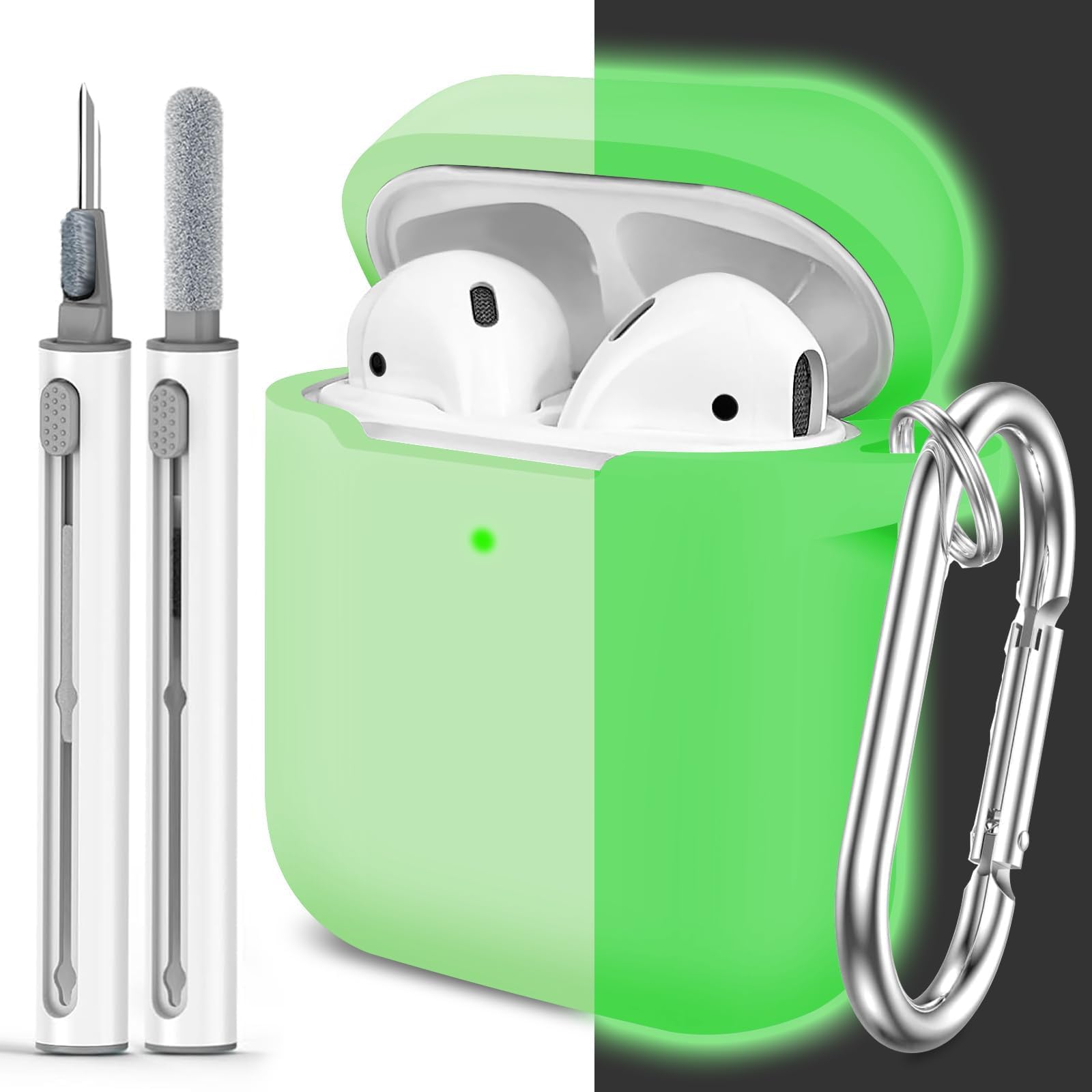Photo 1 of Woyinger for AirPods Case Cover, Come with Clean Pen?Soft Silicone Protective Cover for Women Men Compatible with Apple AirPods 2nd 1st Generation Charging Case, Front LED Visible,Glow Green
