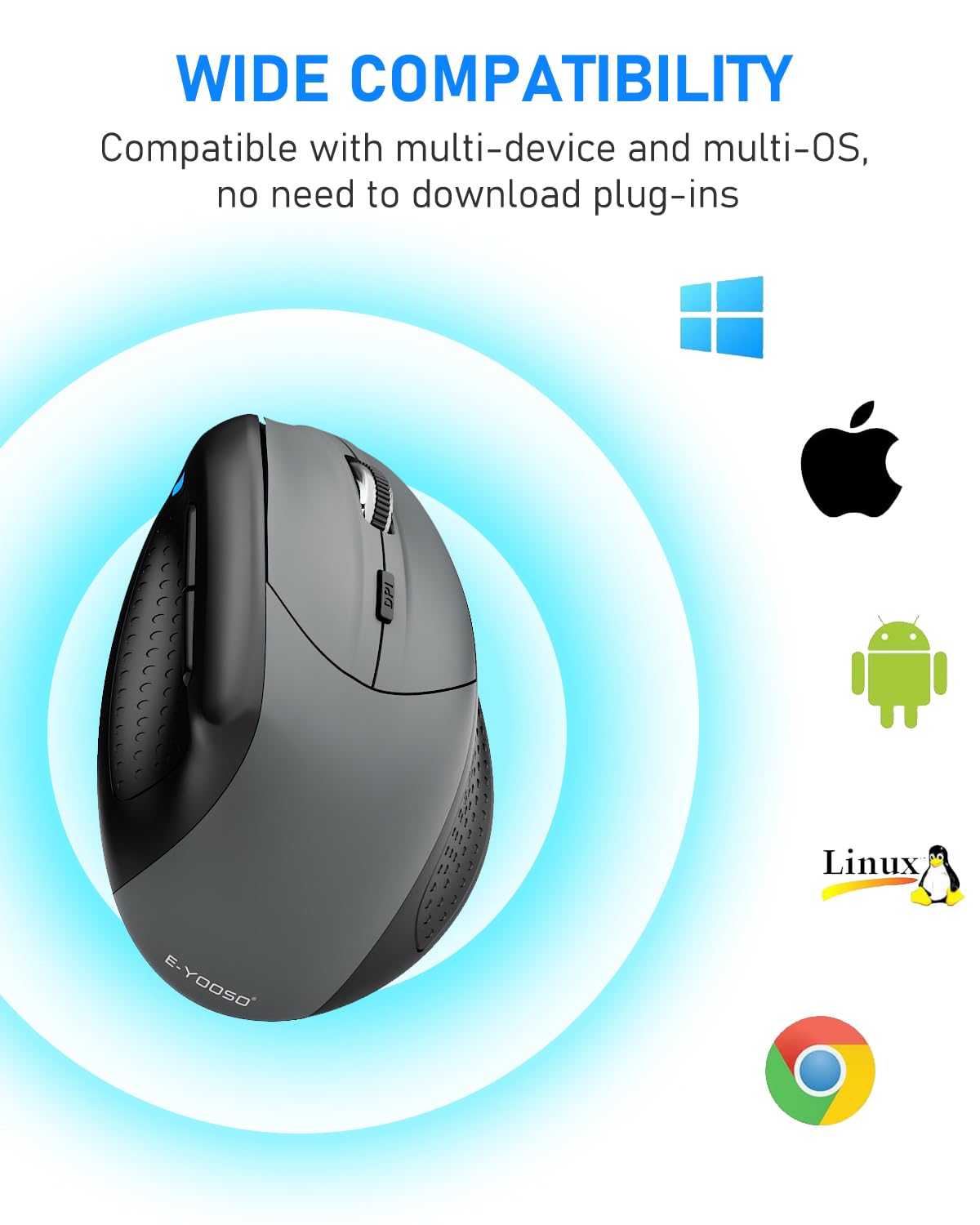 Ergonomic Mouse, E-YOOSO Wireless Vertical Mouse with 6 Buttons, 5 Adjustable DPI Levels, Up to 4800 DPI, 2.4G and Bluetooth Rechargeable Optical Vertical Mice for Windows, Mac, Laptop, Desktop (Gray)