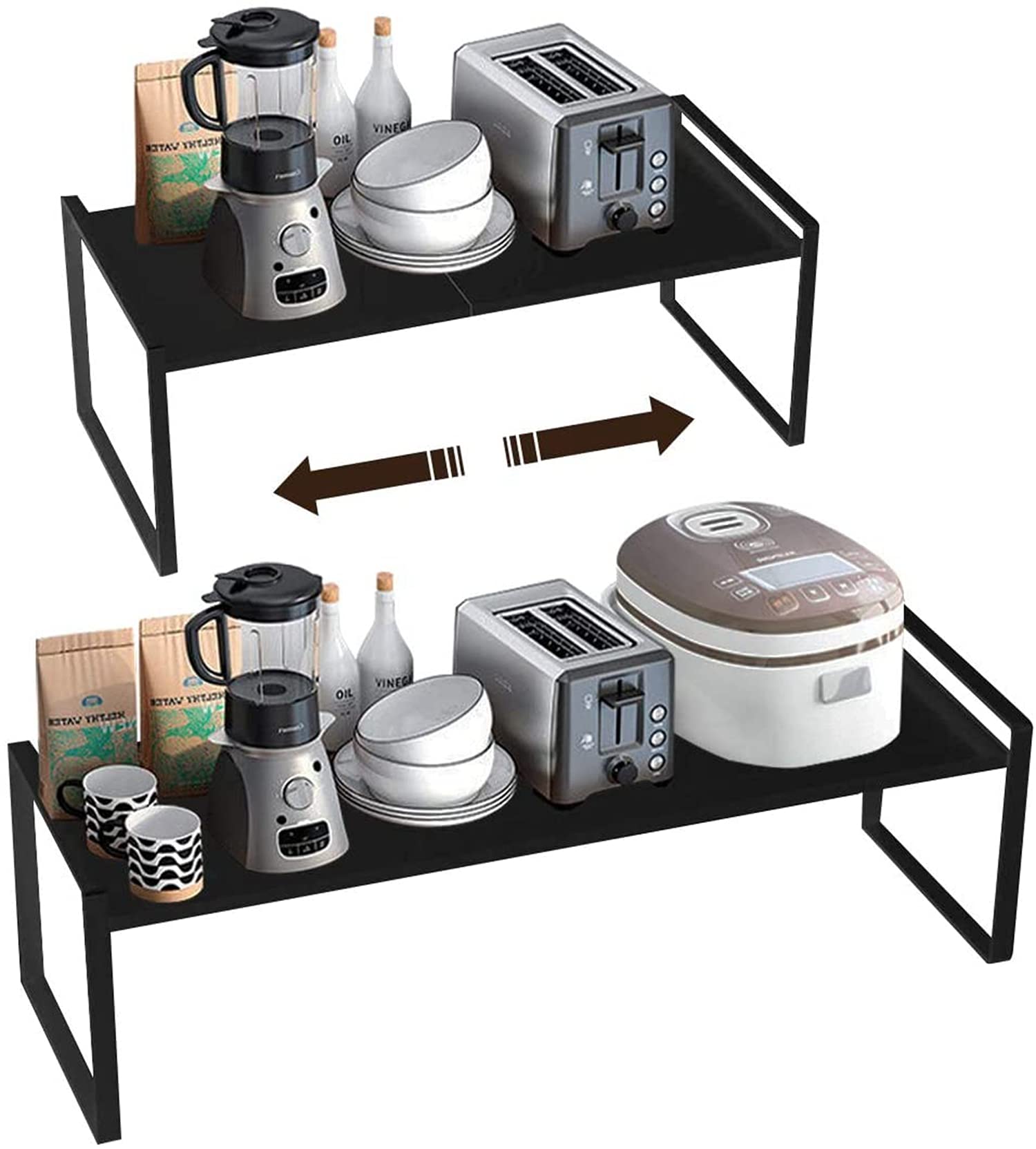 KZOBYD Extendable Kitchen Cupboard Shelf Organiser Adjustable Pantry Storage Unit Practical Cabinet Storage Shelf Stand Spice Rack Multi-Function Space Saver for Counter-Tops (Black, L)