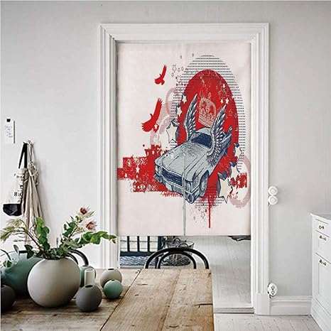 Amazon レトロ のれん おしゃれ 目隠し 幅72丈0cm 抽象的なイラスト手描き翼のあるcrown冠ビンテージスタイルの車の鳥と星 おしゃれ ロング 居酒屋 店 部屋 玄関 入り口 間仕切り インテリア 赤いベビーブルー のれん オンライン通販