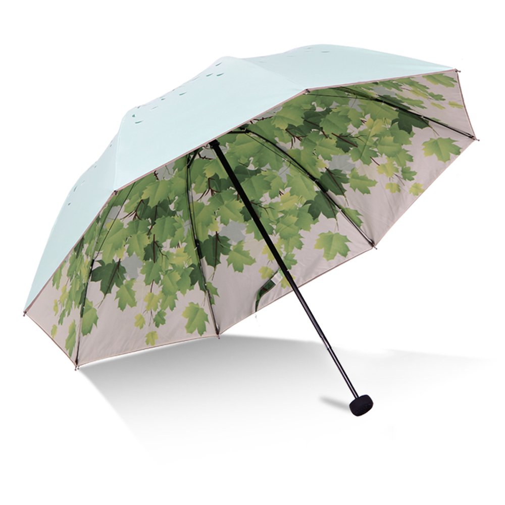SudaTek Green Tree Leaf Folding Travel Sun Umbrella Sunblock UV Protection UPF 50+ Rain Resistant Compact Size Parasol Fold into Purse (Green)