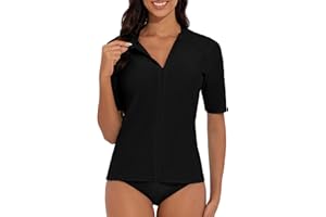 Tournesol Women's Rash Guard Short Sleeve Swim Shirt Zip Front Swim Top UV Sun Protection Swimsuit Top No Bra