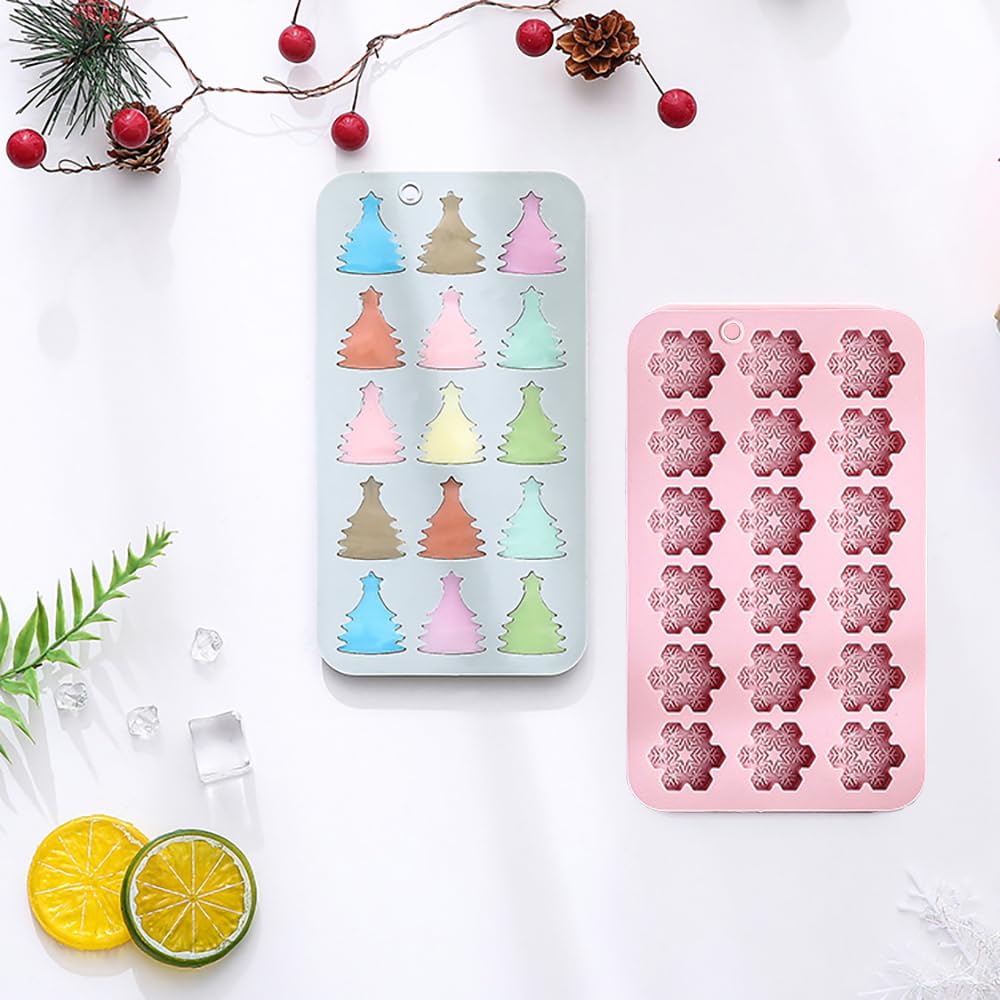 2 Pcs Christmas Chocolate Molds Snowflake Candy Mold Mini Xmas Tree Silicone Mould Christmas Baking Molds for Jello, Candy Cane, Ice Cube, Gummy, Biscuit