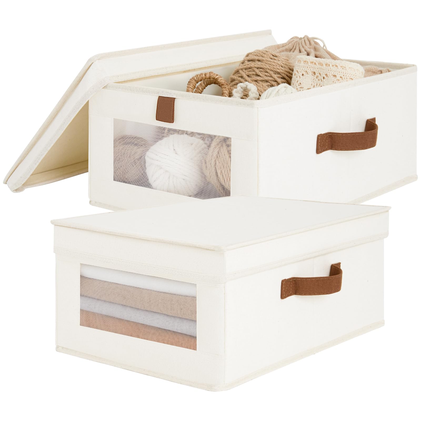 Photo 1 of **MISSING LIDS** Fabric Storage Bins with Lids, Collapsible Closet Organizer with Sturdy Handles, Clear View Window, Stackable Storage Baskets for Clothes, Towels, Books, Hand Pull Closet Organizer Boxes-2-Pack, Beige