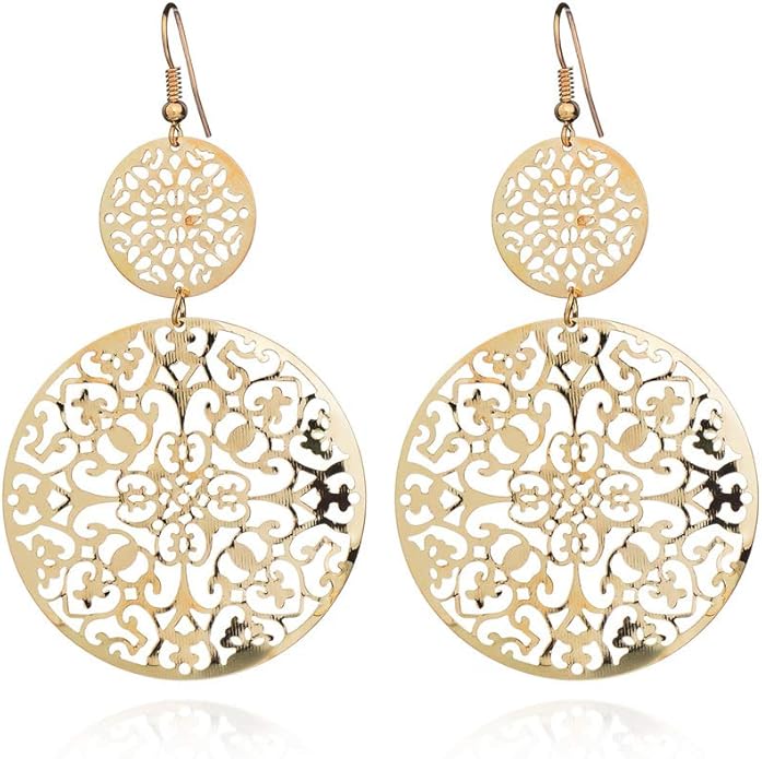 Vintage Golden Filigree Disc Earrings Metallic Double Disc Statement