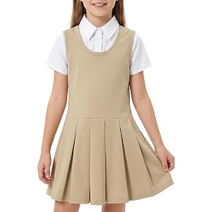 Noomelfish Girls 2 in 1 School Uniform Dress Short Sleeve Pleated Jumper Button Down Shirts Dresses (5-12 Years)