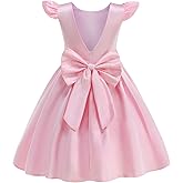 Ullicca Flower Girl Dress Satin V-Back Flutter Sleeve Pageant Communion Bowknot for Wedding Birthday Guest Party Gown