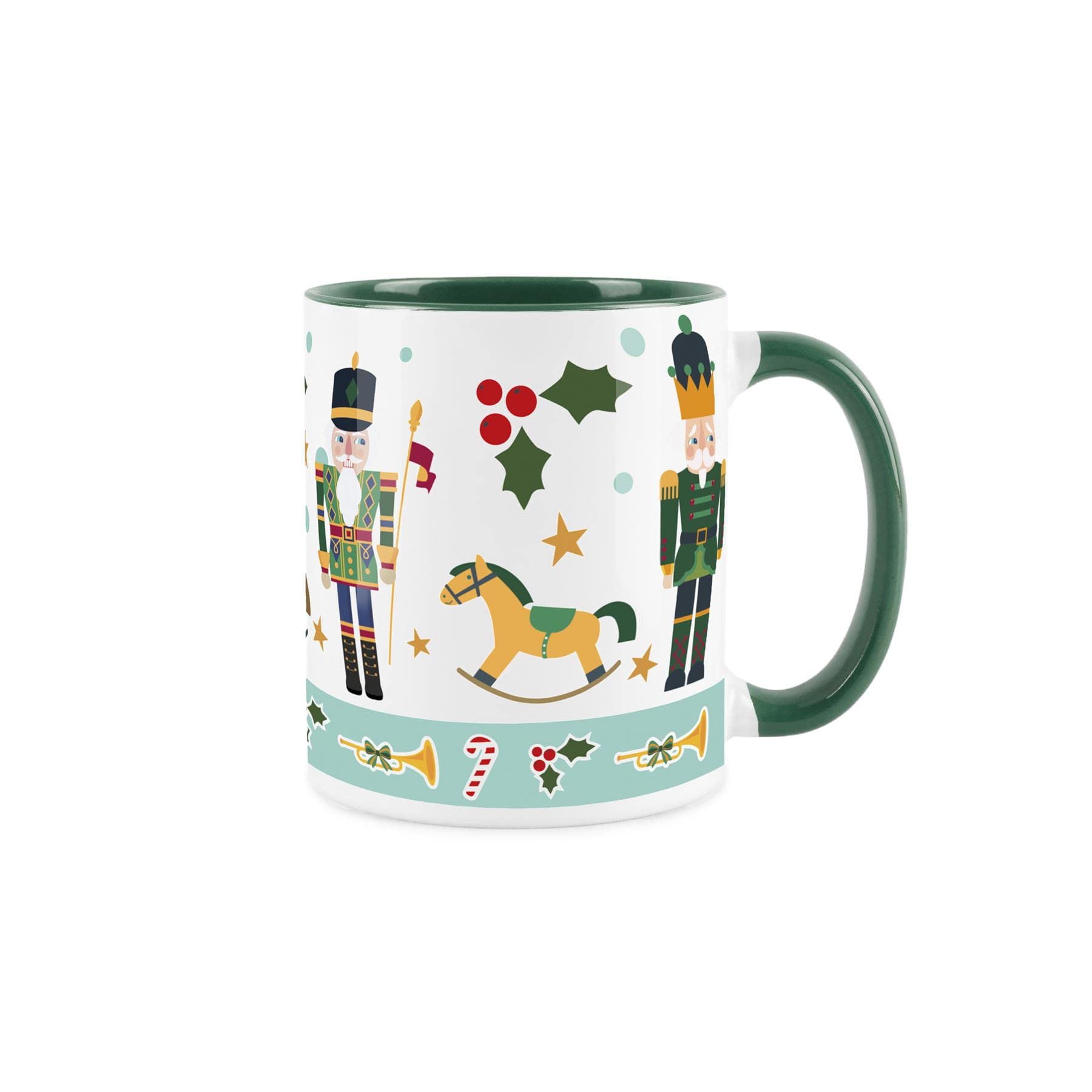 Purely Home Nutcracker, Holly & Rocking Horse Mug - White & Green Christmas Festive Coffee/Tea Gift 11oz