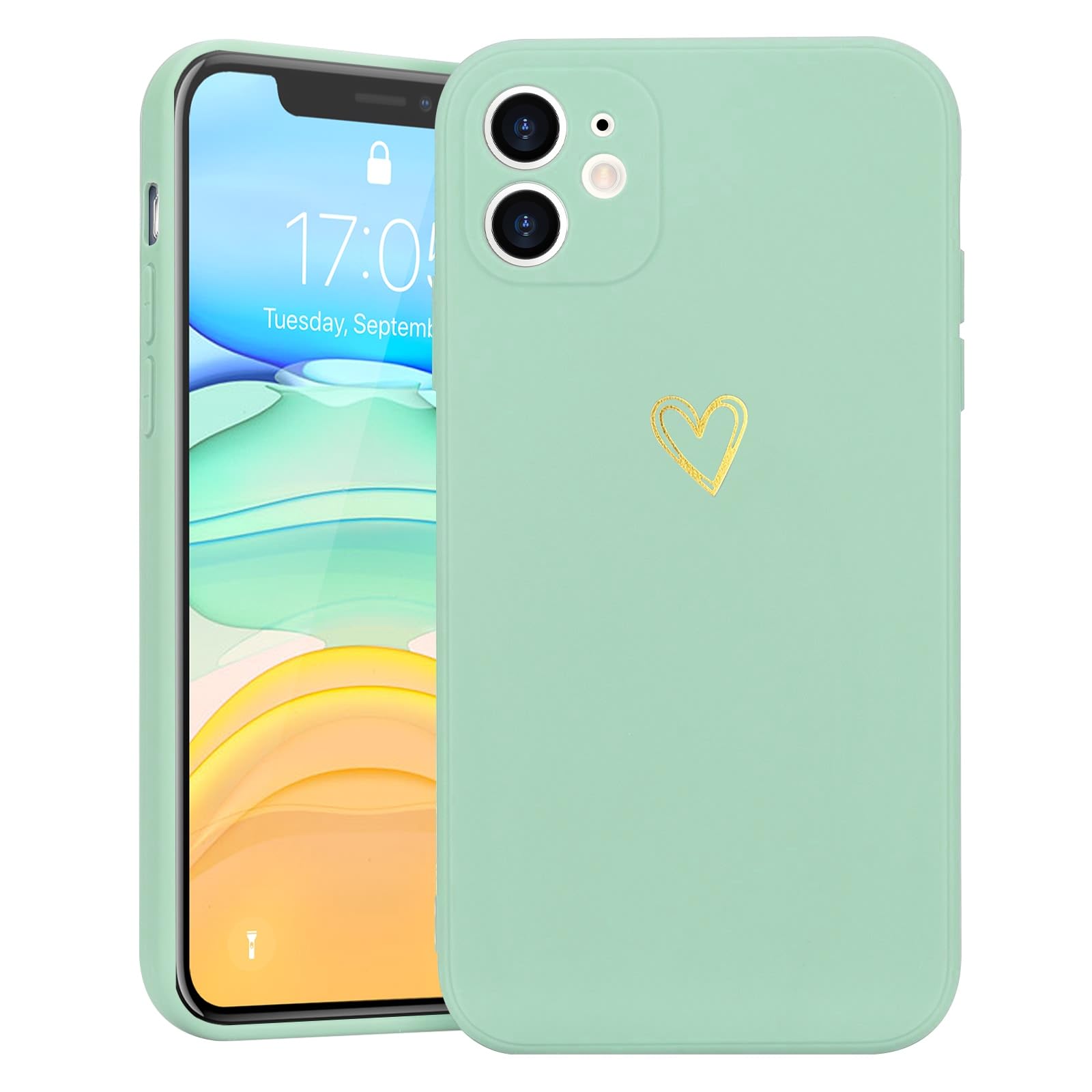 Wirvyuer for iPhone 11 Phone Case with Cute Heart Pattern Soft Shockproof Protective Silicone Case for Women Girls, Mint Green — image 1