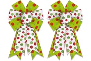 ON-AIRSTORE 2 Pack Christmas Wreath Bows, Christmas Glitter Green Red Dot Burlap Linen Bow for Wreath, Medium Tree Topper Ribbon Bow for New Year Home Indoor Outdoor Xmas Party Decoration Wreath Ornament Supplies