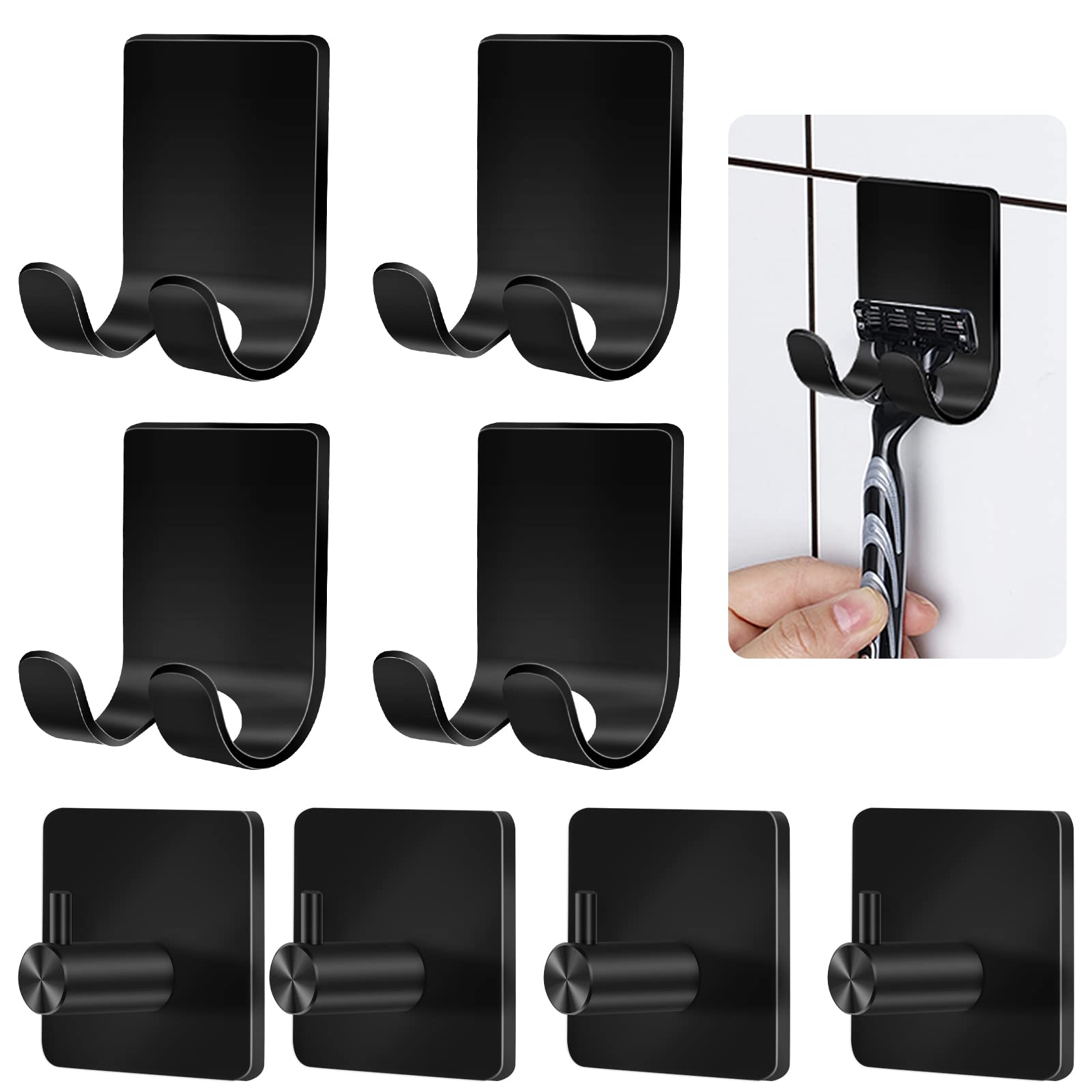 CGBE Razor Holder for Shower, 4 Packs Self Adhesive Shaver Holder Hanger Hooks for Bathroom, Damage Free Wall Hooks for Razor Shaver Loofah Sponge