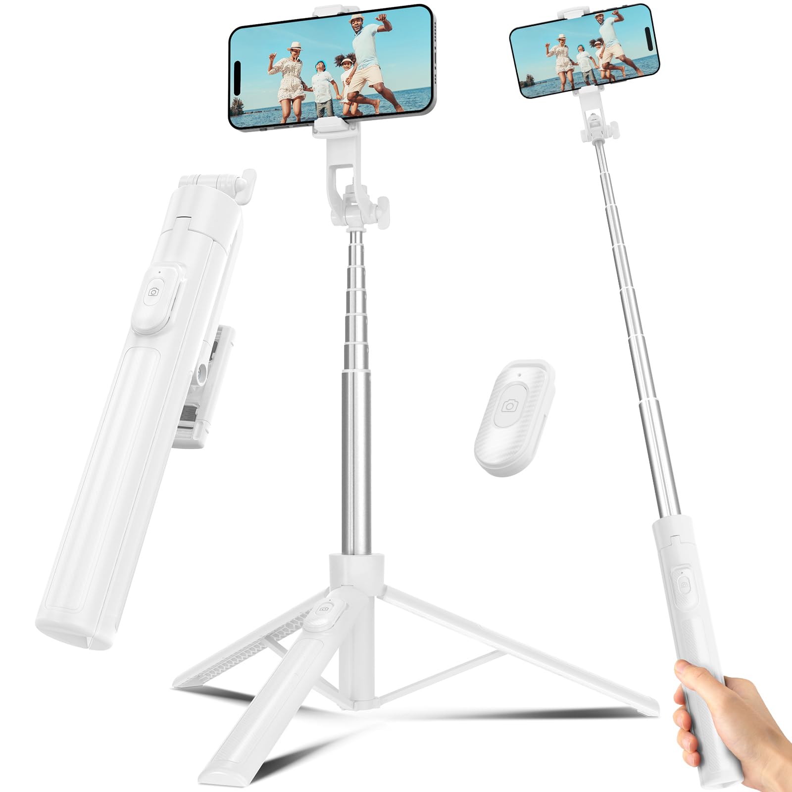 Photo 1 of Selfie Stick Travel Tripod for Cell Phone with Remote Control and Phone Holder, Extendable Selfie Stick for iPhone, iPhone Tripod for Video Recording, 63 Inch, White