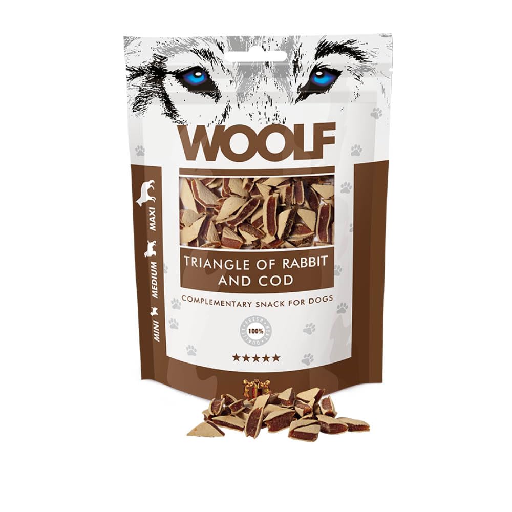 WOOLF Rabbit and Cod Triangles - Complementary Snacks for Dogs. Dog Treats with All-Natural Ingredients, High Meat Content, Free from Artificial Additives. Suitable for Dogs (100g)